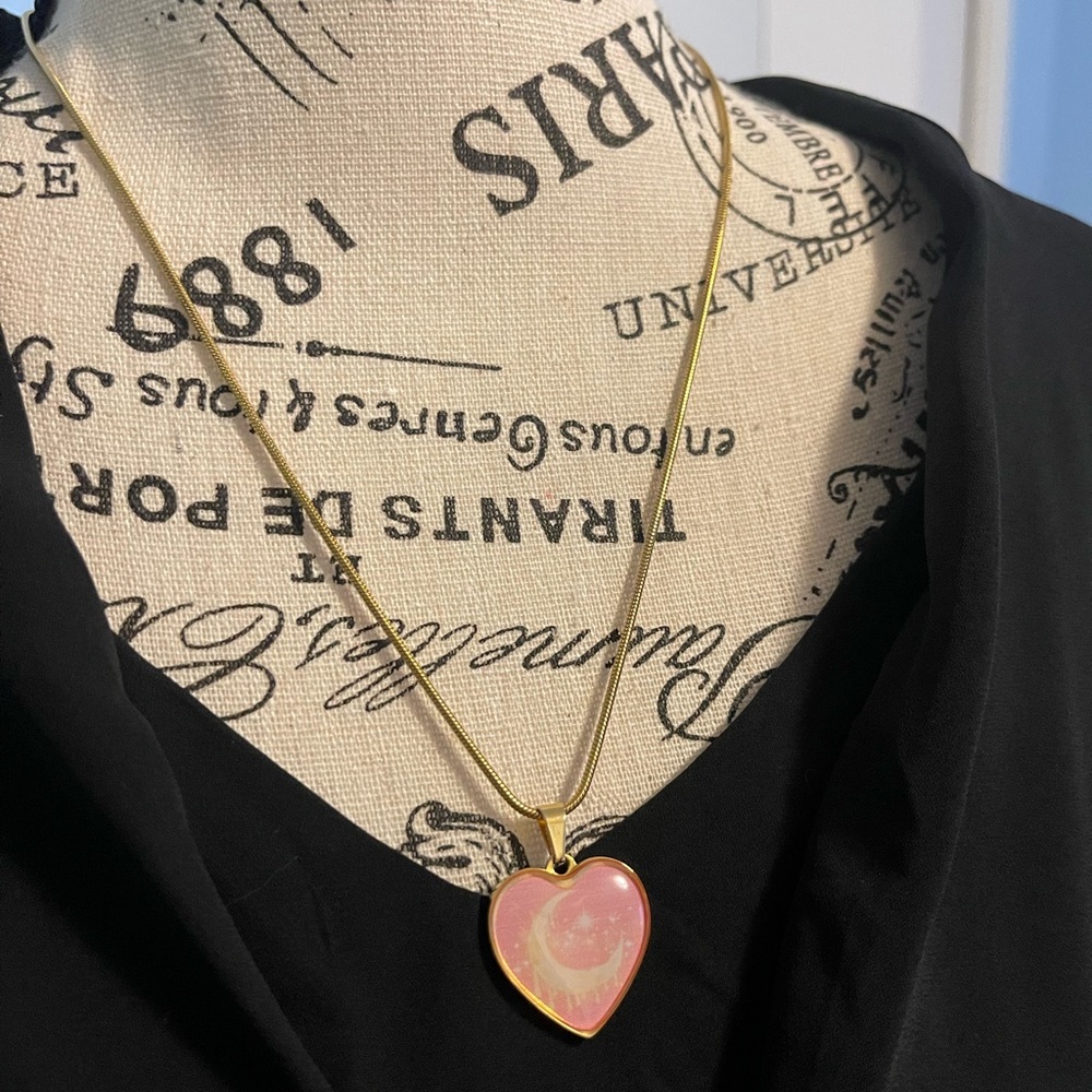 Heart Pendant Necklace, Heart Cheese Moon Pendant, Gold Plated Pendant